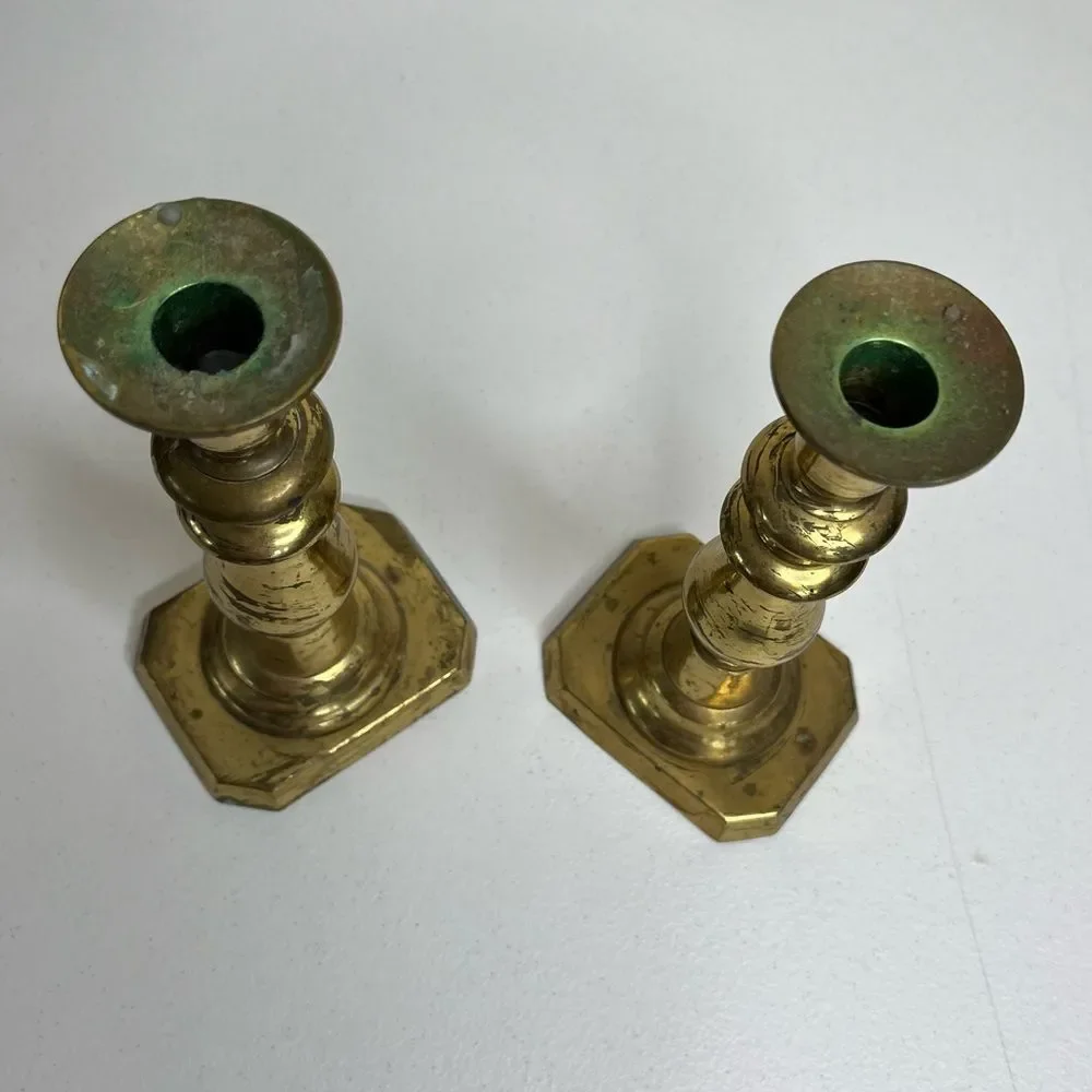 Vintage Pair Brass Candlestick Holders Heavy Patina Set 2 Approx 8.5 Inch Tall